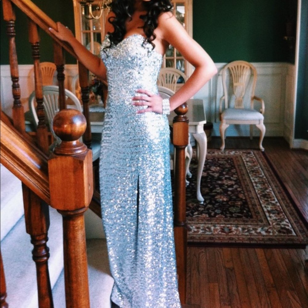 Jovani Silver Bejeweled and Sequin Strapless Gown